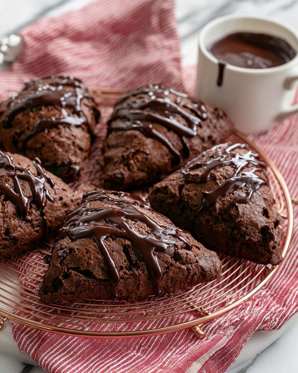 The image shows six dark brown triangular scones with a rough, cracked surface and a drizzle of shiny chocolate sauce on top. The scones are arranged on a copper wire rack, which rests on a red and white striped cloth. In the background, a white cup filled with more chocolate sauce is visible. The whole scene is set on a white marbled surface. photo taken with an iphone --ar 4:5 --v 7