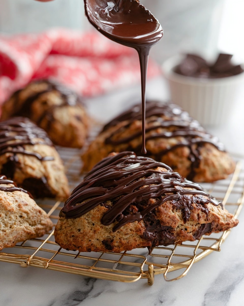 Several dark brown triangular scones sit on a gold wire cooling rack on a white marbled surface. A woman's hand is holding a spoon above the scones, pouring thick dark chocolate drizzle in thin stripes over the top layer of scones. In the background, a white bowl filled with more chocolate and a red and white cloth are slightly blurred out. The scones have a rough, textured surface with rich chocolate patches visible. Photo taken with an iphone --ar 4:5 --v 7