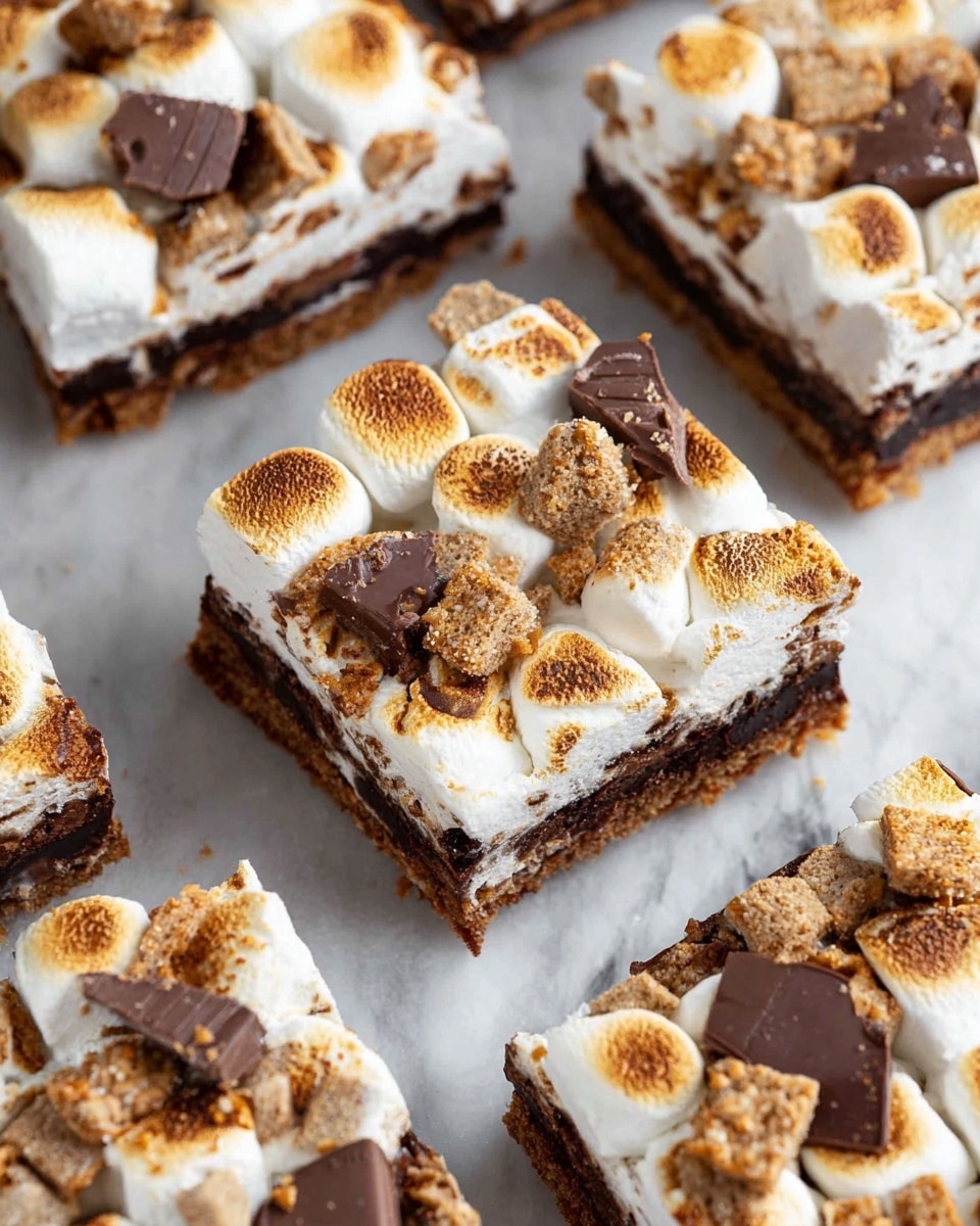 This image shows several square pieces of a dessert arranged closely on a white marbled surface. Each piece has three clear layers: a dark brown bottom layer that looks like a chocolate base, a middle layer that appears slightly gooey and melty, and a top layer full of slightly toasted, golden brown marshmallows. Scattered over the marshmallows are chunks of light brown, crumbly-looking pieces that resemble graham crackers and darker brown, smooth pieces of chocolate. The dessert pieces are thick and rich, with textures ranging from soft marshmallow to crunchy graham cracker bits and smooth chocolate. photo taken with an iphone --ar 4:5 --v 7