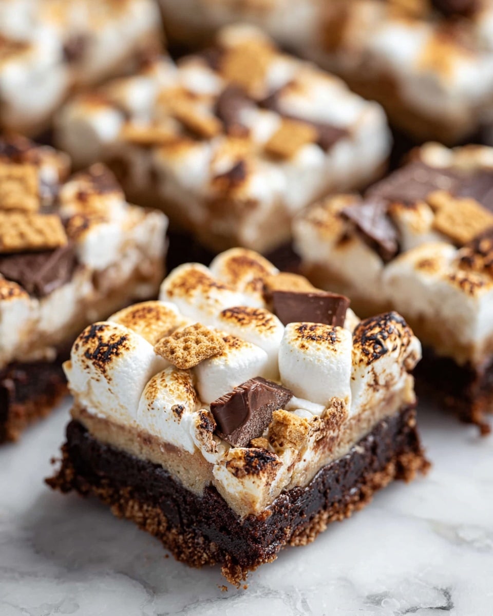 The image shows a close-up of several square dessert bars arranged closely on a white marbled surface. Each bar has three visible layers: the bottom layer is a dark brown, dense chocolate base; above it is a lighter tan, crumbly-looking middle layer; the top layer is made of white, toasted marshmallows that have a slightly browned, textured surface with uneven golden spots. Scattered among the marshmallows are pieces of milk chocolate and small chunks of a light brown biscuit, adding more texture and color contrast. The bars look soft and slightly crumbly on the edges. photo taken with an iphone --ar 4:5 --v 7