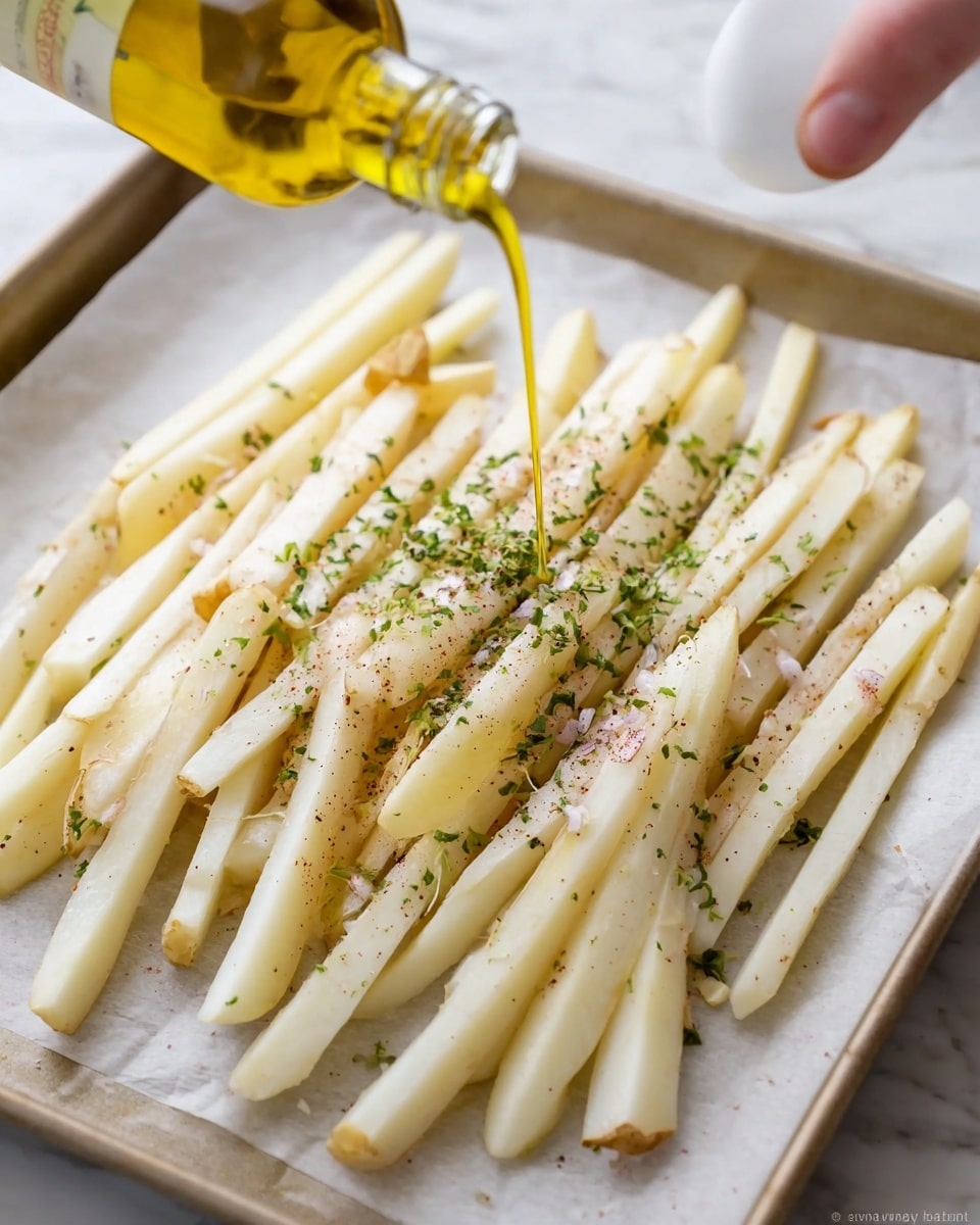 This image shows thin long sticks of peeled white potatoes with some skin left on the edges, laid out in one layer on white parchment paper on a baking tray. The potato sticks are topped with small sprinkles of black pepper, pink salt, and finely chopped green herbs. A woman’s hand is pouring golden olive oil from a white bottle in a thin stream onto the center of the potatoes. The background is a white marbled surface. photo taken with an iphone --ar 4:5 --v 7