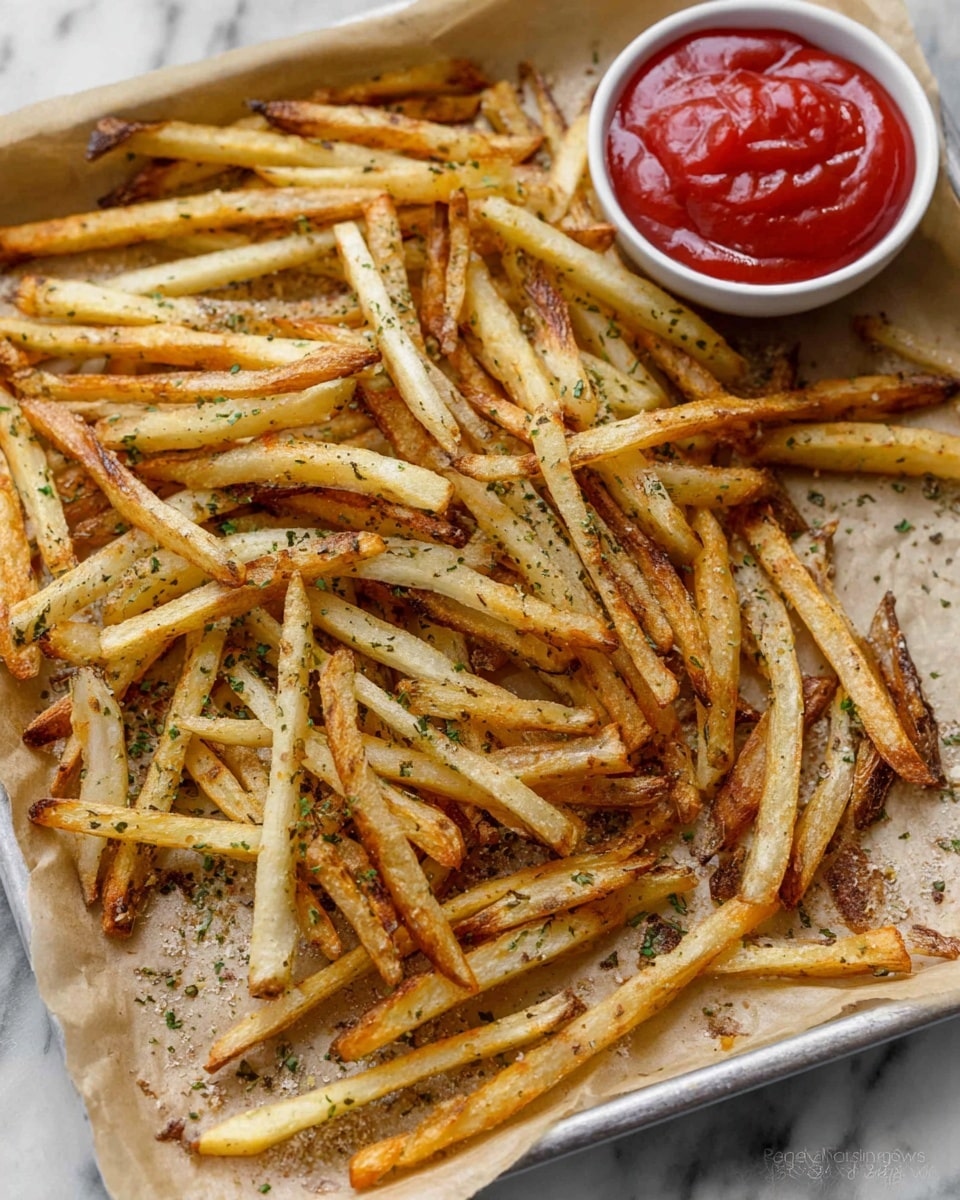 The image shows a white tray covered with light brown parchment paper holding many thin, long French fries that are golden brown with crispy edges and some darker spots. The fries are sprinkled with small bits of green herbs and black pepper. Near the right side of the tray, there is a small white bowl filled with bright red ketchup. The background surface is white marble texture photo taken with an iphone --ar 4:5 --v 7