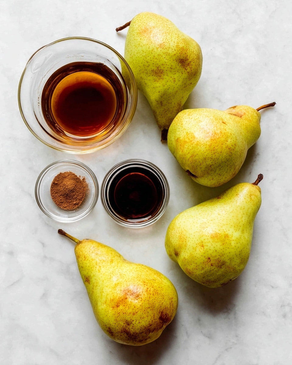 Four yellow-green pears with some brown spots are placed on a white marbled surface in a loose circular shape. In the middle of the circle are three small clear glass bowls: one large bowl filled with a dark amber liquid, one small bowl with a darker brown liquid, and one tiny bowl containing a small mound of brown powder. The lighting is soft, highlighting the pears' textures and the clear bowls with liquids. The setting is simple and clean. photo taken with an iphone --ar 4:5 --v 7