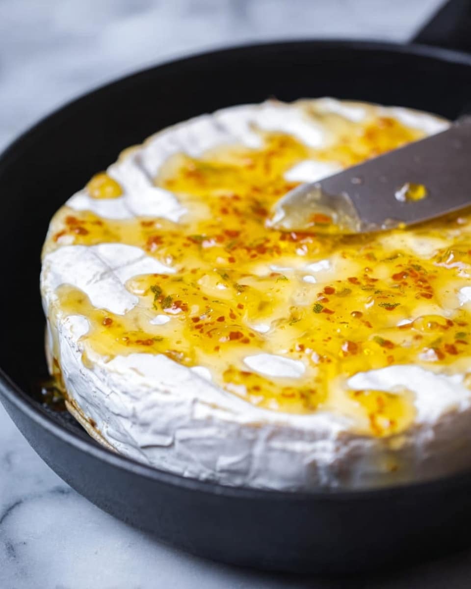 A close-up view of a round soft white cheese wheel with a creamy white interior and a white rind, placed in a black pan. The top layer of the cheese is covered with thick golden-yellow jelly-like spots scattered unevenly, giving a glossy and slightly translucent texture. A knife is gently pressing into the cheese from the upper right side, showing the smooth, soft texture beneath the jelly layer. The scene is set on a white marbled surface. photo taken with an iphone --ar 4:5 --v 7