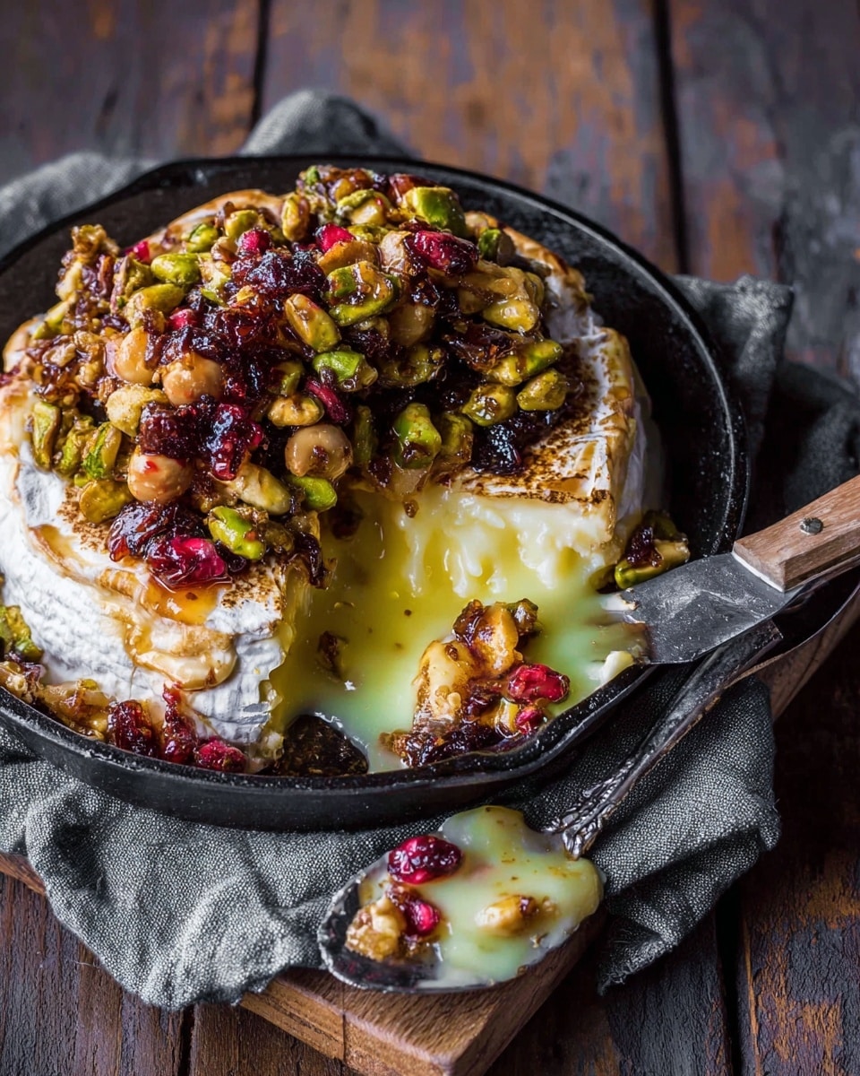 The image shows a round baked cheese wheel in a small black cast iron pan, placed on a gray cloth over a dark wooden surface. The cheese has a soft white rind that looks slightly browned and cracked on one side. Inside, creamy melted cheese with a light yellow-green tint is oozing out. On top, there is a chunky mixture of colorful nuts and dried fruits, including green pistachios, red berries, and dark figs, coated in a shiny glaze. A knife with some melted cheese and nuts on the blade rests next to the pan. Photo taken with an iphone --ar 4:5 --v 7