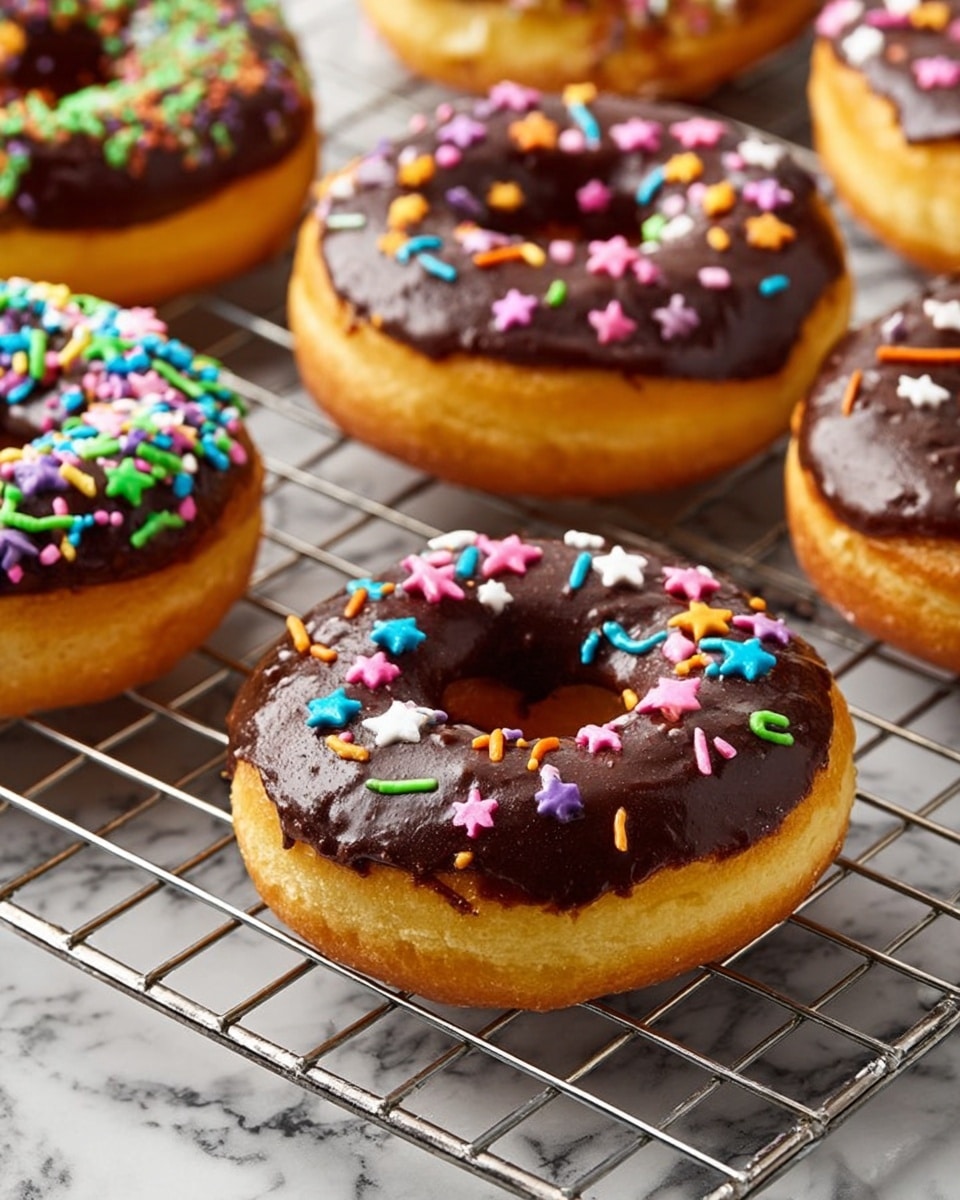 The image shows several golden-brown donuts with a thick layer of shiny, dark chocolate frosting on top. Two types of colorful sprinkles decorate the donuts: small star shapes in pastel colors like pink, green, blue, and yellow on some donuts, and long, thin, multicolored sprinkles on others. The donuts are placed on a metal cooling rack set on a white marbled surface. The donuts' texture looks soft and slightly spongy under the smooth chocolate layer. photo taken with an iphone --ar 4:5 --v 7