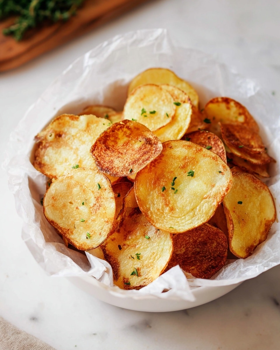 A white bowl lined with crumpled parchment paper holds one layer of golden potato chips. Each chip is round and varies in color from light yellow to deep golden brown, with some showing crisp edges and a slightly bubbly texture. A few scattered small green herb pieces add color contrast on the chips. The bowl sits on a white marbled surface, with a small part of a wooden board and green herbs visible in the blurred background. photo taken with an iphone --ar 4:5 --v 7