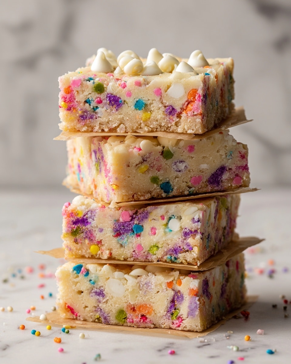 A stack of four square-shaped dessert bars is shown, each separated by a thin piece of parchment paper. The bars have a light creamy base with colorful sprinkles embedded throughout, including pink, green, yellow, orange, blue, and purple. Small white chocolate chips are scattered on top, adding texture and contrast. The surface is slightly soft with a crumbly look, and the background is a white marbled texture. Photo taken with an iphone --ar 4:5 --v 7