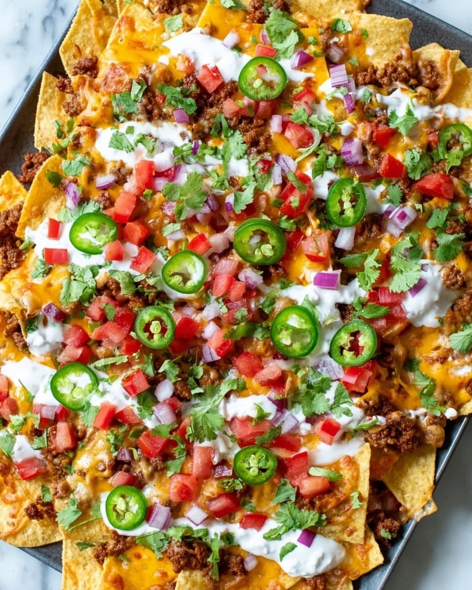 A large tray filled with one layer of golden corn tortilla chips topped with a second layer of melted orange cheddar cheese. Scattered on top are pieces of cooked ground meat, small squares of red tomato, bright green slices of jalapeño, and bits of finely chopped red onion. White dollops of sour cream are spread across the surface, along with scattered fresh green cilantro leaves adding contrast. The whole dish looks colorful and fresh, set on a white marbled surface. photo taken with an iphone --ar 4:5 --v 7