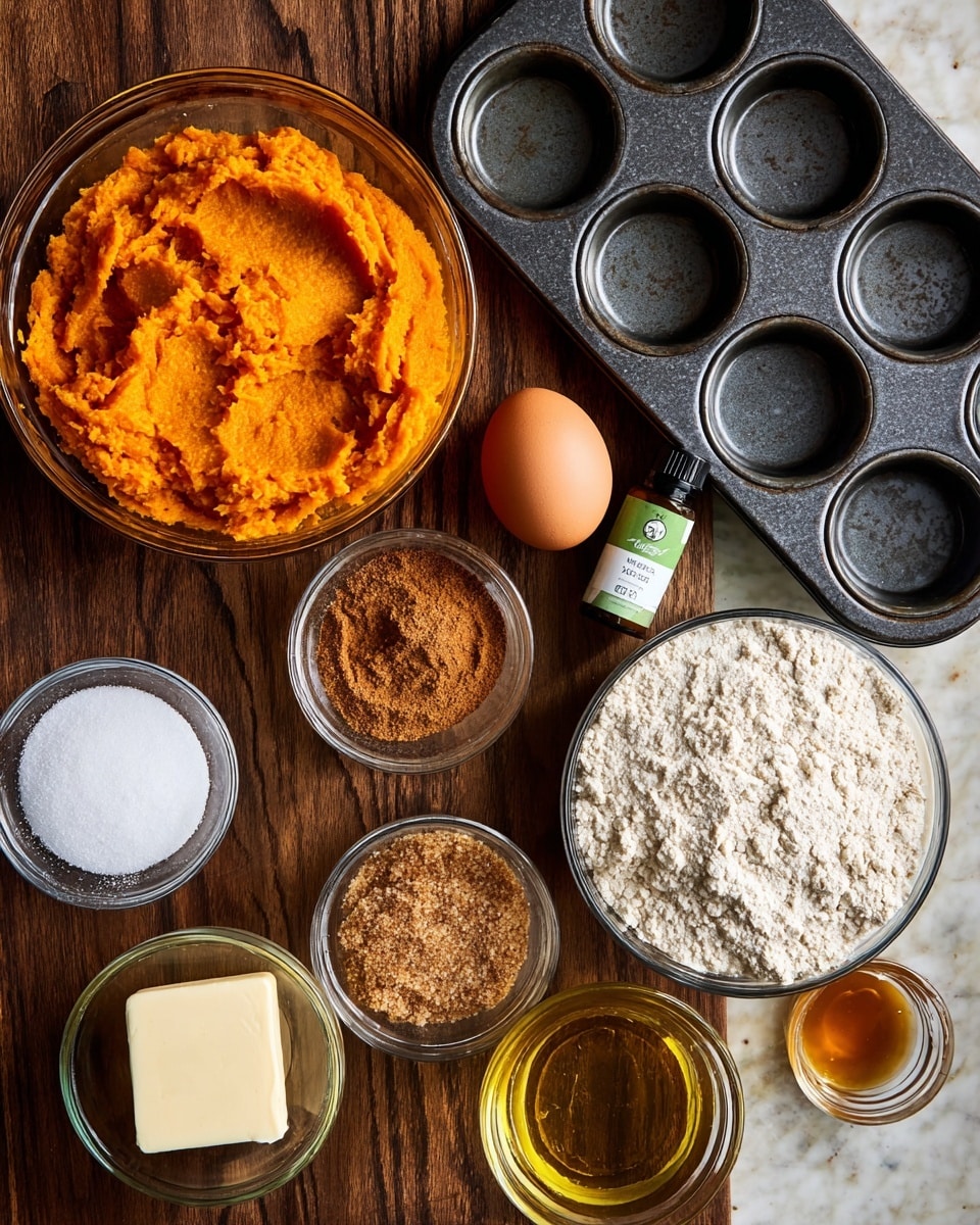 The image shows a flat lay of baking ingredients arranged closely on a dark wooden surface. At the center left is a glass bowl filled with bright orange pumpkin puree, with a smooth but slightly textured surface. To the right of it sits a brown egg with a matte shell. Below are small glass bowls — one with a mix of brown and white spices and the other filled with coarse brown sugar with a crumbly texture. Near the bottom left is a partially unwrapped stick of butter with a pale yellow color, and above it a small bowl of granulated white sugar with a fine texture. At the bottom right is a glass measuring cup filled with golden liquid oil. In the top right corner is a glass bowl filled with white flour, showing a powdery and uneven surface. A black metal mini muffin tray is placed at the top, over the table, with round empty cups. Next to the egg is a small bottle of green and white labeled vanilla extract. The surface beneath all items is a clean white marbled texture. photo taken with an iphone --ar 4:5 --v 7
