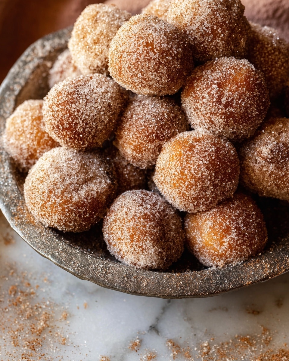 The image shows a close-up of many small, round balls covered in a mix of granulated sugar and cinnamon, giving them a textured, slightly rough surface with a sparkly finish. Each ball has a golden-brown color peeking through the sugar coating. They are piled together inside a rustic, deep, silver metal bowl with some sugar and cinnamon mix scattered on and around the balls, as well as lightly sprinkled outside the bowl on a white marbled surface. The overall setting gives a warm and cozy feeling with a focus on the sweet, sugary details. photo taken with an iphone --ar 4:5 --v 7