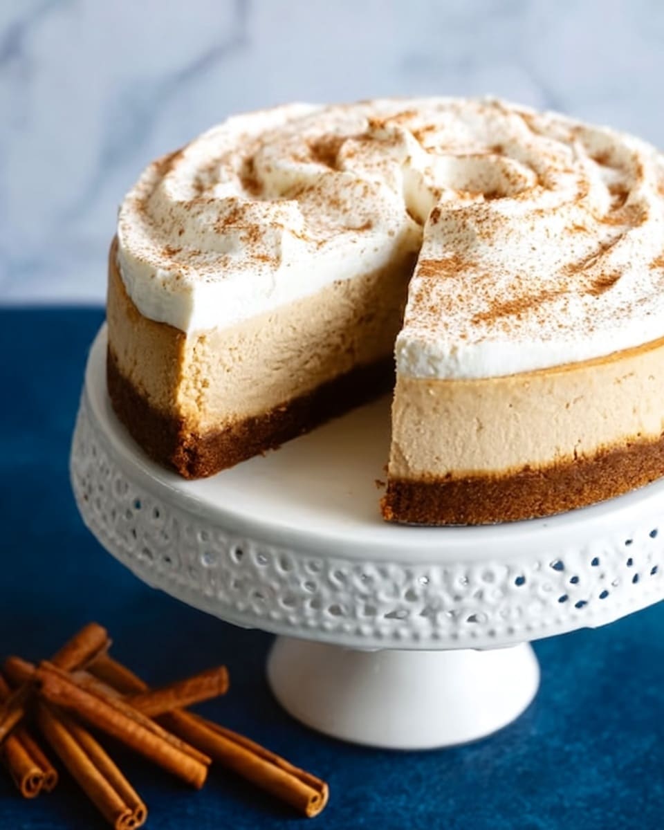 A round cheesecake with three clear layers sits on a white, decorative cake stand. The bottom layer is a thick, dark brown crust. Above it, a smooth light beige creamy layer forms the main body of the cake. The top layer is a fluffy, white whipped topping sprinkled lightly with ground cinnamon. A single slice is removed from the cheesecake, showing the distinct layers clearly. The cake stand is placed on a blue surface with several cinnamon sticks beside it. The background has a white marbled texture. Photo taken with an iphone --ar 4:5 --v 7