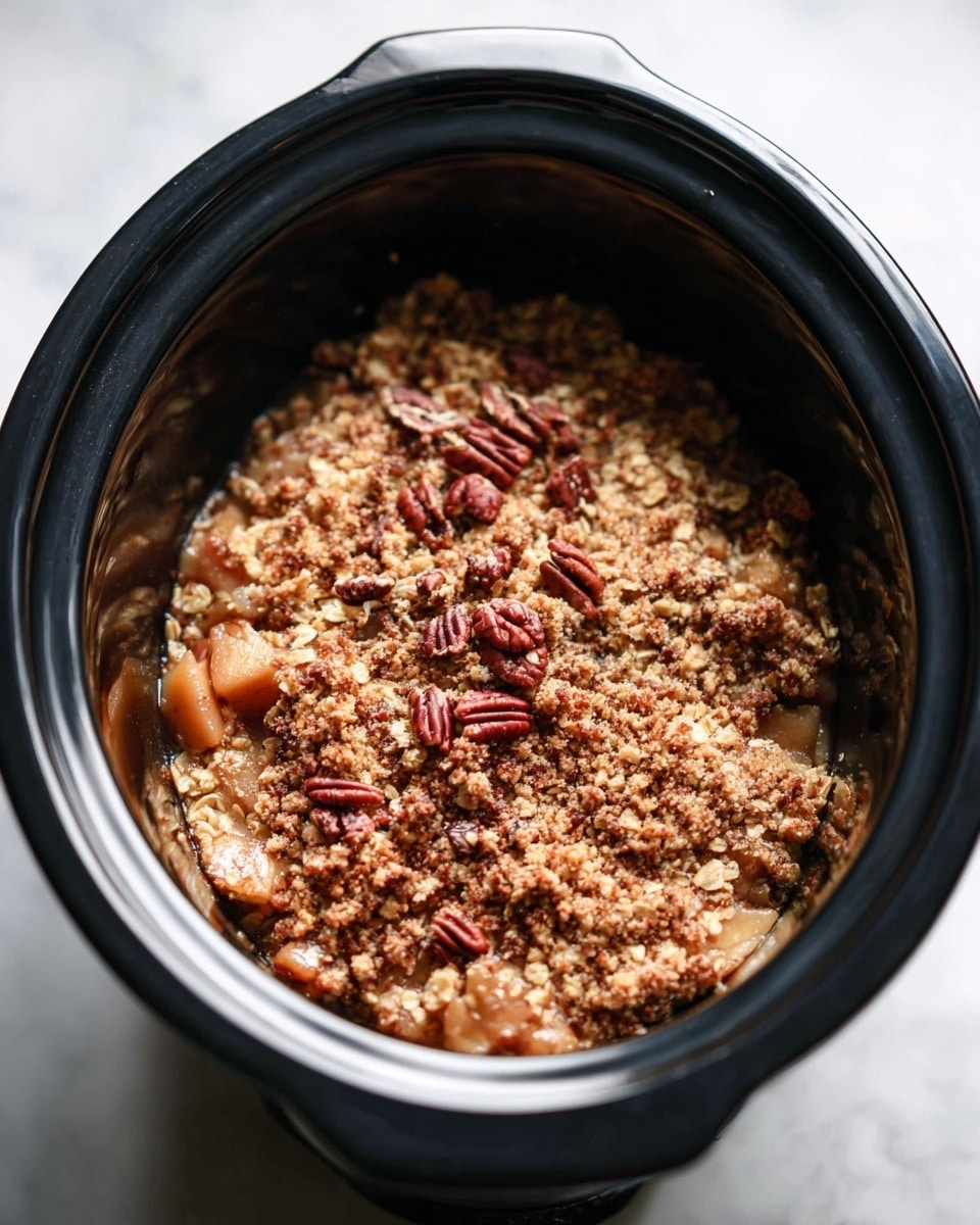 This image shows a black slow cooker filled with a warm dessert that has two main layers. The bottom layer looks soft and moist with chunks of light brown fruit, likely apples or pears. On top, there is a textured crumb layer in medium brown color, scattered with small, whole pecans that are reddish-brown and shiny. The crumb layer looks crunchy and mixed with oats or small pieces giving a rough texture. The cooker sits on a white marbled surface, with soft daylight highlighting the warm tones of the dessert. Photo taken with an iphone --ar 4:5 --v 7
