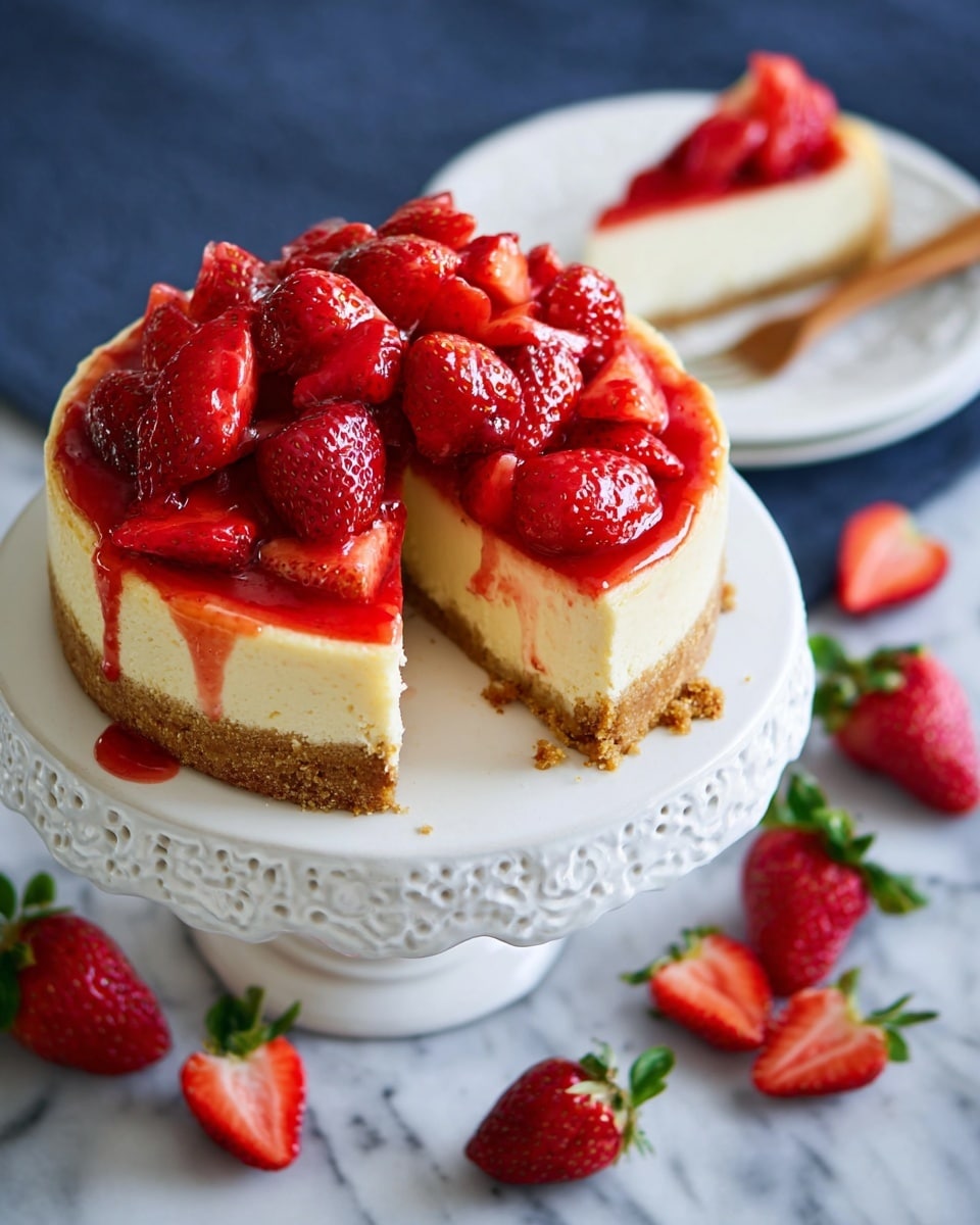 A cheesecake with three clear layers sits on a white ornate cake stand on a white marbled surface. The bottom layer is a thick, crumbly, light brown crust. The middle layer is a smooth, creamy pale yellow cheese filling. The top layer is a bright red strawberry topping with whole and halved strawberries, glossy and fresh-looking, heaped generously. Around the stand, there are whole strawberries scattered on the white marbled surface. In the background, a white plate holds one slice of the cheesecake with a small wooden fork, slightly blurred. Photo taken with an iphone --ar 4:5 --v 7