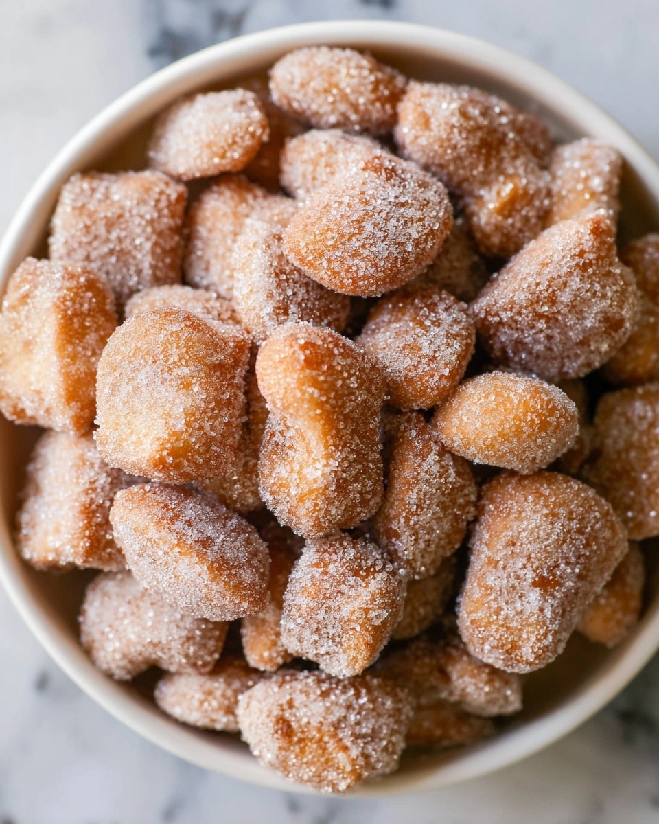 A bowl filled with many small, light brown fried dough pieces, each covered in a layer of white sugar, with a rough texture on the dough surface. The pieces are irregularly shaped and piled closely together in a white bowl. The background shows a white marbled surface. Photo taken with an iphone --ar 4:5 --v 7