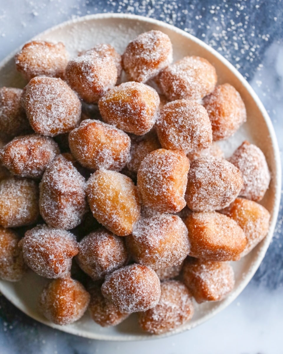 A white plate is filled with many small, golden-brown doughnut holes, each dusted thickly with white powdered sugar that creates a soft, powdery texture on their uneven surfaces. Some doughnut holes spill slightly over the edge of the plate onto a white marbled surface beneath. The doughnuts have a rough, crispy look with light cracks and varied shapes nestled closely together. Photo taken with an iphone --ar 4:5 --v 7