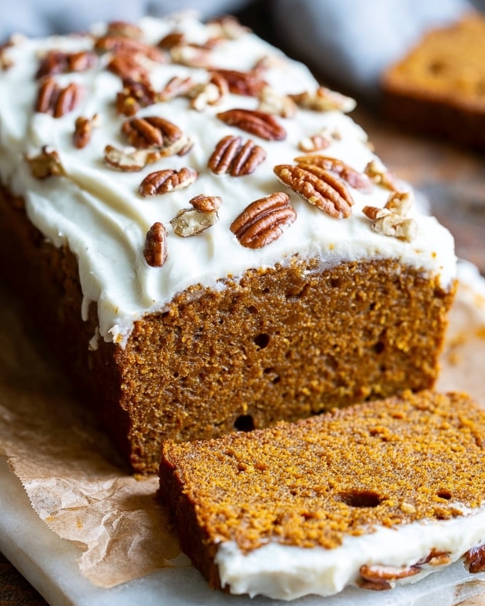 A loaf of pumpkin bread is shown sliced on a piece of brown parchment paper, placed on a white marbled surface. The bread has two main layers: the bottom layer is a thick, moist pumpkin bread with a rich brown color and a slightly rough texture with small air holes visible, and the top layer is a thick, creamy white frosting spread evenly across the loaf. The frosting is topped with scattered pieces of pecans, adding texture and a warm brown color contrast. The overall appearance is homey and inviting, with a close-up view focusing on the end slice. Photo taken with an iphone --ar 4:5 --v 7