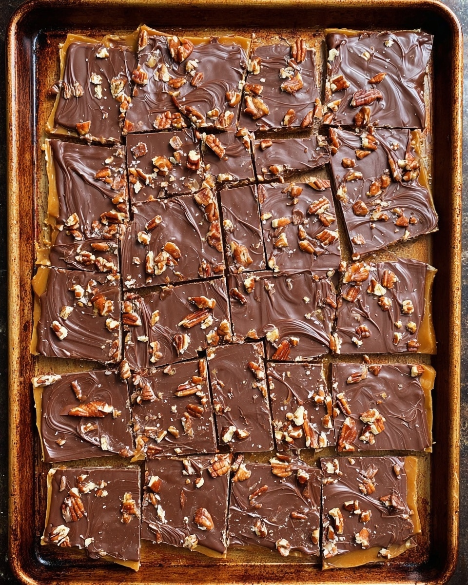 This image shows a large baking tray filled with pieces of a chocolate dessert broken into irregular squares and rectangles. The dessert has three layers: a golden-brown caramel layer on the bottom, a thick, smooth dark chocolate layer spread evenly on top, and scattered bits of chopped pecans covering the chocolate. The tray has a worn, rusty look, and the chocolate layer has a glossy texture with some swirl marks. The pieces vary in size and shape but mostly fit close together on the tray photo taken with an iphone --ar 4:5 --v 7