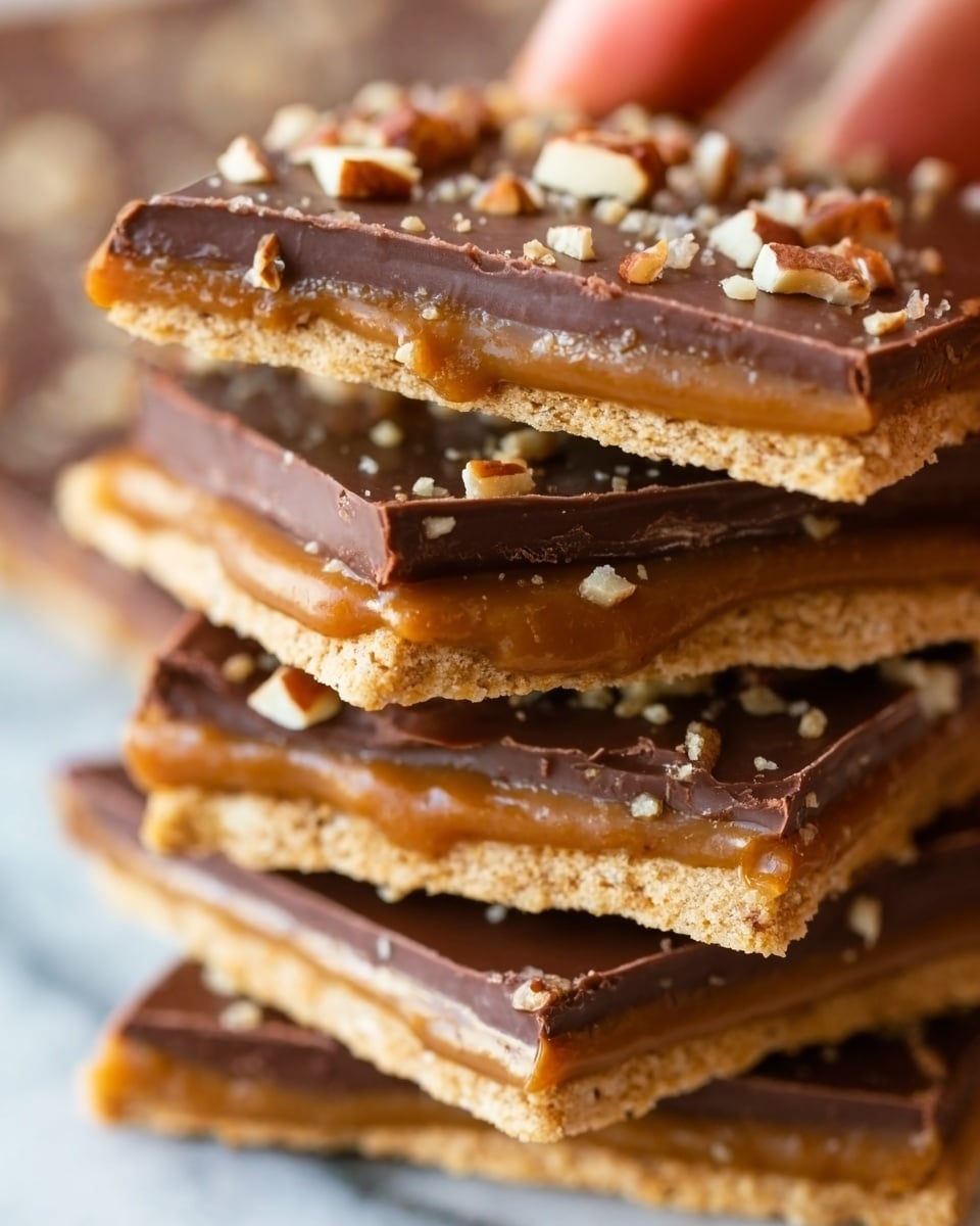 A close-up view of five stacked layers of a crispy cracker base topped with a thick layer of caramel and a smooth, shiny layer of dark chocolate. The top chocolate layer is decorated with small, chopped nut pieces scattered unevenly. Each layer shows a clear contrast in colors and textures: the light tan cracker, the golden brown caramel, and the rich dark brown chocolate with bits of nuts adding a rough texture. The background features a white marbled surface. A woman's hand gently holds the top piece on the stack. Photo taken with an iphone --ar 4:5 --v 7