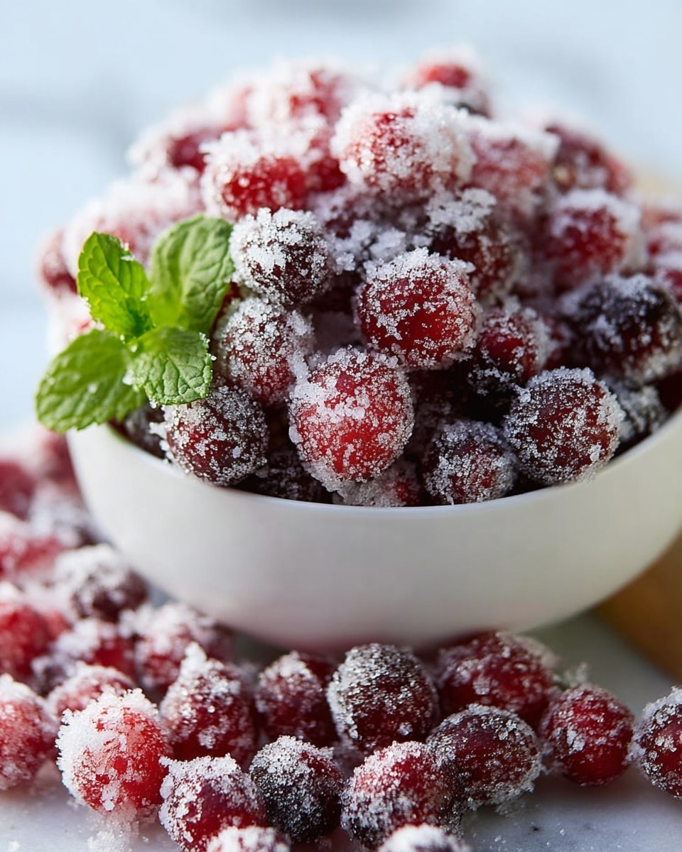 A white bowl is filled with many small round red cranberries covered in a layer of white sugar crystals, giving a frosted look. The cranberries are piled high, some spilling over the bowl onto a white marbled surface. A fresh green mint leaf is placed on the side of the bowl, adding a pop of color. The sugar crystals look coarse and add texture to the smooth round cranberries. The light shines softly, highlighting the sugar and the bright red color of the berries. Photo taken with an iphone --ar 4:5 --v 7