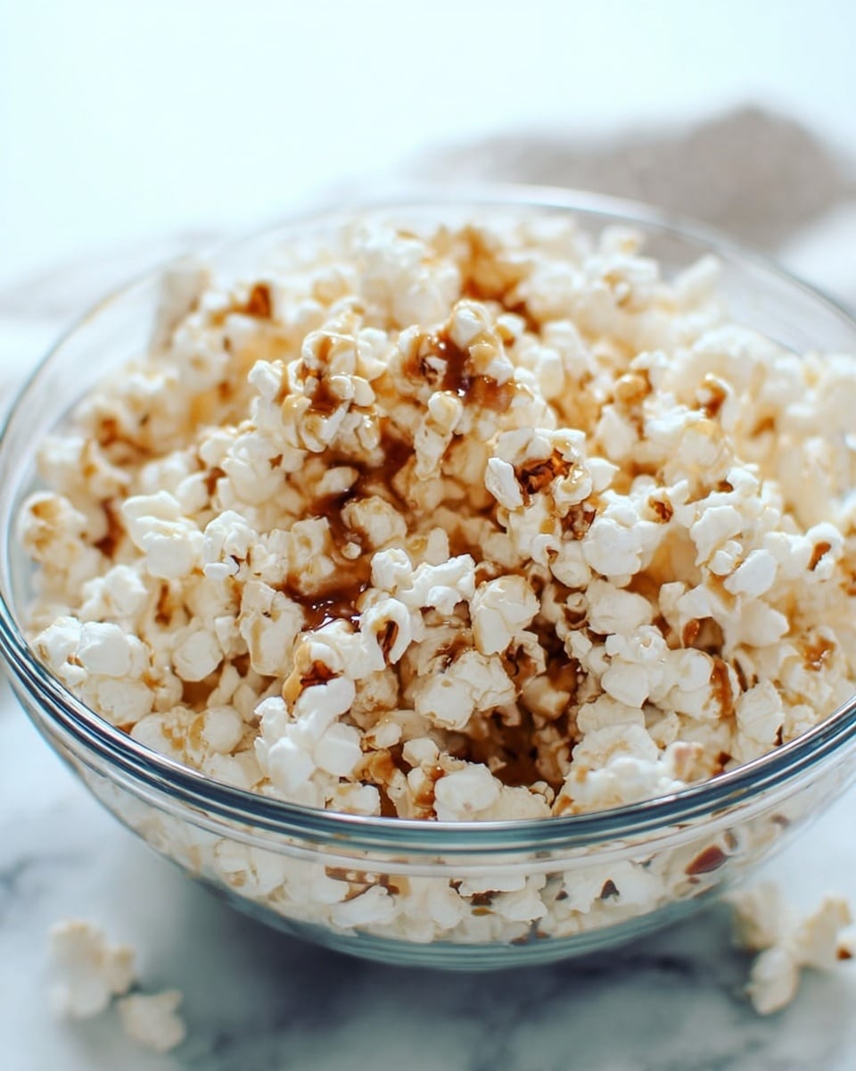 A clear glass bowl filled with white popcorn that has a sticky-looking brown sauce drizzled unevenly on top, making the popcorn look shiny and slightly wet in places. The bowl sits on a white marbled surface, and the background is softly out of focus with cool tones. The texture of the popcorn is light and fluffy with some pieces showing small crunchy edges. photo taken with an iphone --ar 4:5 --v 7