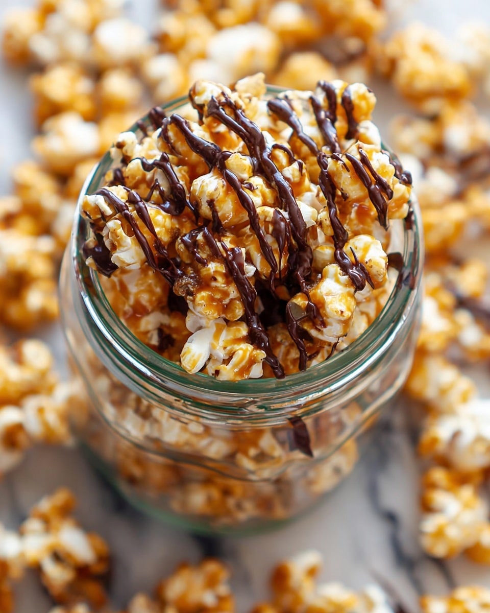 The image shows a clear glass jar filled with caramel popcorn drizzled with dark chocolate on top. The popcorn is golden brown and shiny, with the dark chocolate forming thin, irregular lines over the caramel layer. The jar is full, and the popcorn looks crunchy with some pieces sticking out slightly above the jar rim. The background has more scattered popcorn pieces on a white marbled surface, creating a warm and inviting look. Photo taken with an iphone --ar 4:5 --v 7