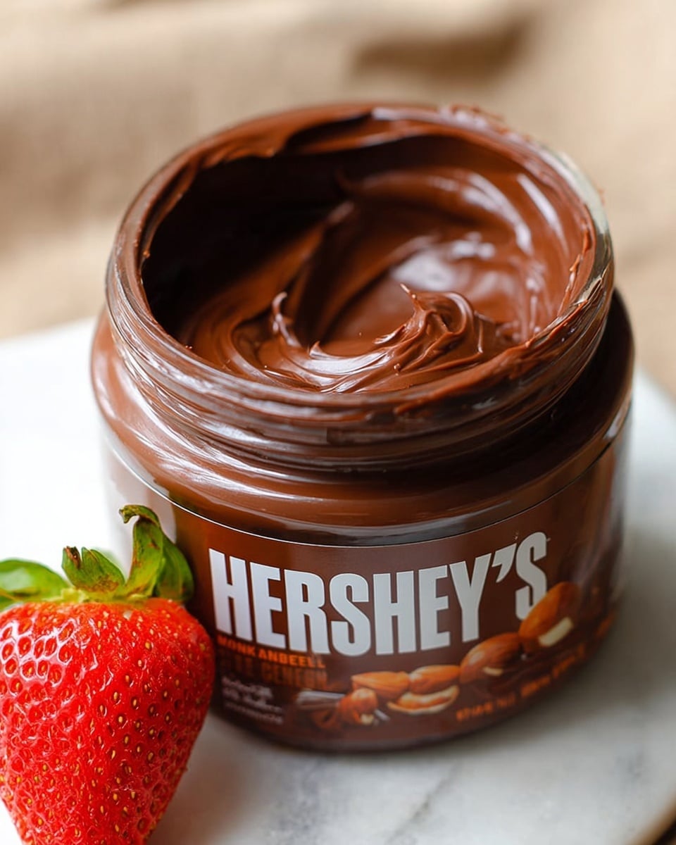 An open jar filled with rich, smooth chocolate hazelnut spread showing a glossy, creamy texture inside the jar, with some swirls and dips visible on the top edge. The jar's label is brown and orange with the word