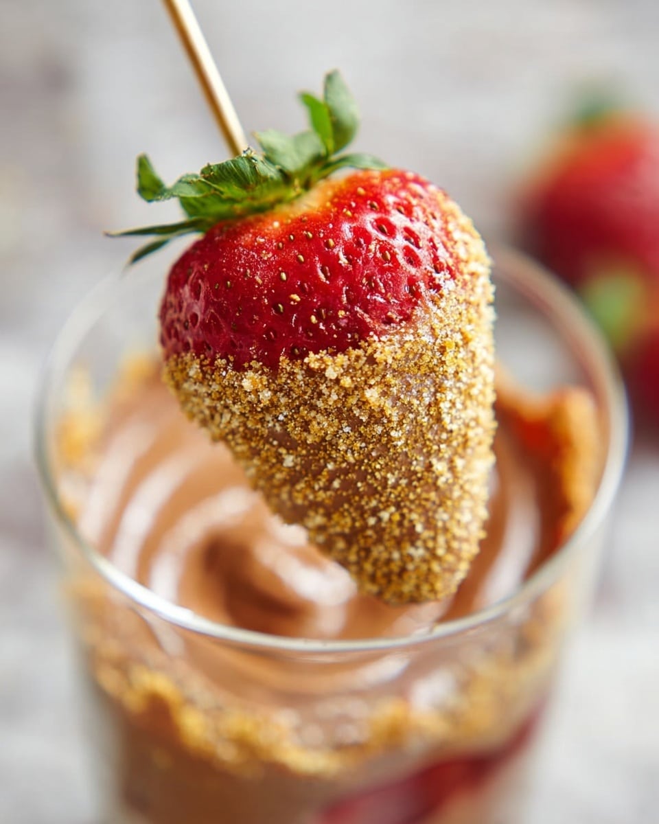 A close-up of a single ripe red strawberry with green leaves at the top, dipped halfway in smooth light brown chocolate and covered with fine golden crumbs on the chocolate side. The strawberry is held by a stick above a clear glass filled with swirled light brown chocolate mixture and coated with the same golden crumbs. The background and surface show a soft, blurred white marbled texture. photo taken with an iphone --ar 4:5 --v 7