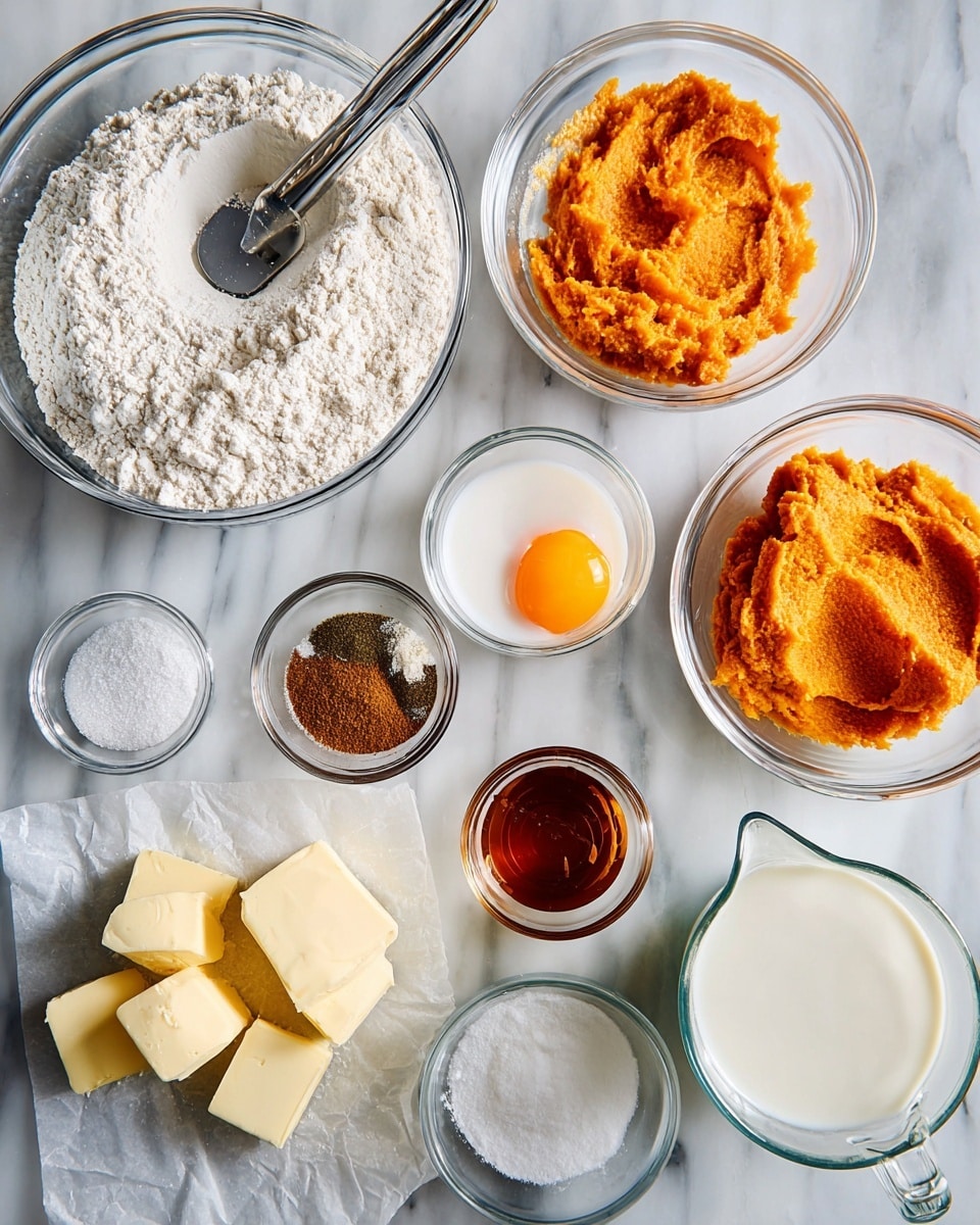 The image shows several clear glass bowls and a measuring cup arranged on a white marbled surface. There is one bowl with white flour and a metal scoop inside, another with a bright orange mashed ingredient, and a small bowl containing an egg yolk and white. A measuring cup is filled with milk positioned at the bottom right. Near the center, there is a small bowl with dark and light brown ground spices, and another small bowl holds a dark amber liquid. A small pile of light yellow cubed butter is on a piece of parchment paper at the bottom, and two small bowls contain white powdered sugar and baking soda nearby. The scene is well-lit, showing the textures of the ingredients clearly. photo taken with an iphone --ar 4:5 --v 7