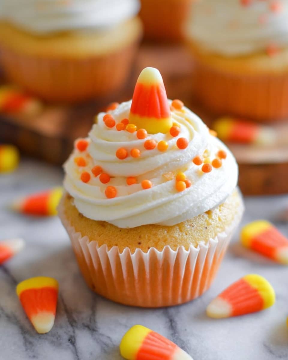 The image shows a close-up of a cupcake with a light orange base and a white paper liner. On top of the cupcake is a thick swirl of white frosting with a smooth texture, decorated with small orange and yellow round sprinkles evenly placed across the frosting. At the center of the frosting swirl, there is a single candy corn piece standing upright with its classic layered colors of yellow, orange, and white. The cupcake sits on a wooden surface with more candy corn pieces scattered around. The background is a white marbled texture. Photo taken with an iphone --ar 4:5 --v 7