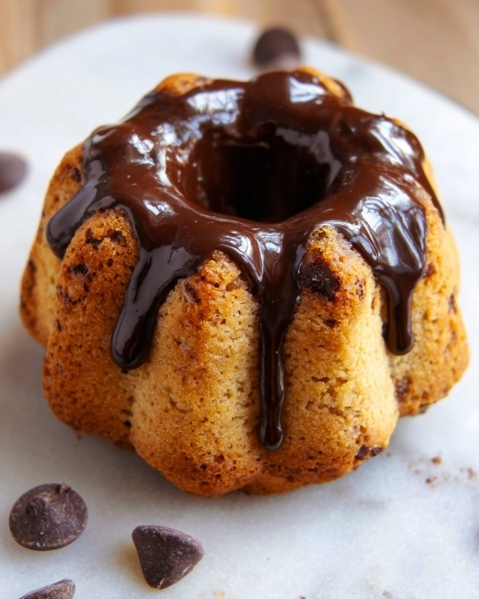 A small bundt cake with a golden brown color sits on a white marbled surface. The cake has a smooth texture with gentle ridges from the bundt shape. On top, thick, glossy dark chocolate sauce drips down the sides in uneven streams, pooling slightly around the base. A few dark chocolate chips lie scattered nearby on the white marbled surface. The photo is taken with an iphone --ar 4:5 --v 7