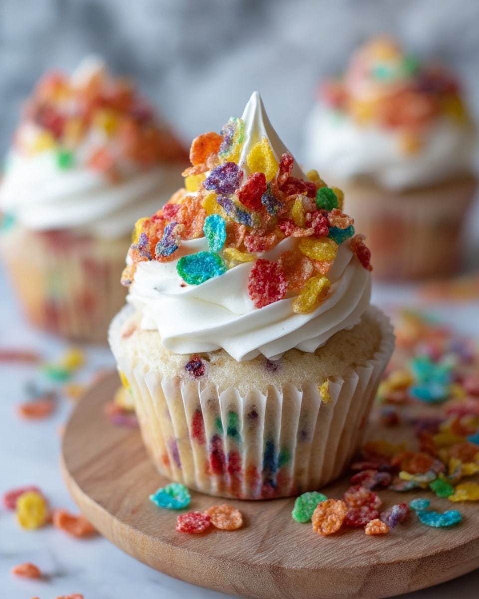 A single cupcake is shown on a round wooden board with a white marbled background. The cupcake has a light beige base with small colorful bits baked inside the cake. On top, there are three layers of smooth white frosting swirled high in a cone shape. The frosting is covered with bright, crunchy cereal pieces in red, orange, yellow, green, blue, purple, and pink, scattered both on the frosting and around the base on the board. A second cupcake blurred in the background has similar frosting and cereal topping. photo taken with an iphone --ar 4:5 --v 7