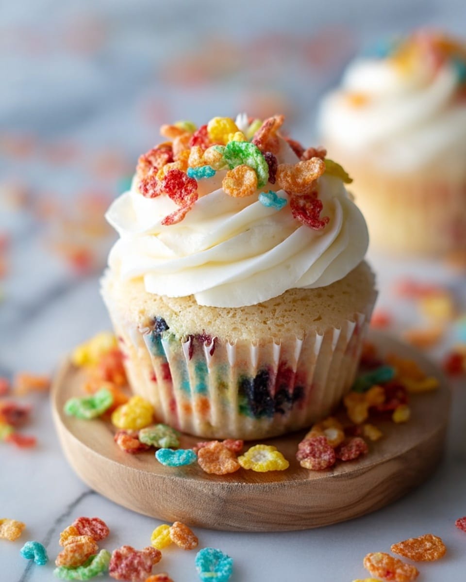 A single cupcake stands on a round wooden board placed on a white marbled surface. The cupcake has one layer of light-colored cake that contains small colorful bits baked inside. On top, there is a thick swirl of white frosting that forms two visible layers. Brightly colored cereal pieces scattered all over the frosting and around the cupcake on the board add texture and vibrant spots of red, yellow, orange, green, blue, and purple. The photo is taken with an iphone --ar 4:5 --v 7
