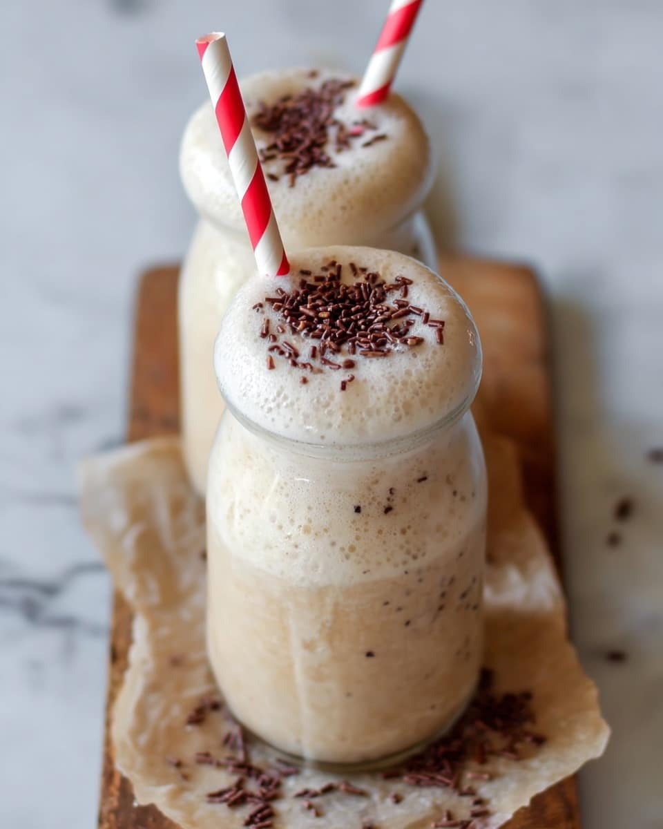 The image shows two clear glass bottles filled with a light beige frothy drink. Each bottle has a thick foam layer on top, sprinkled with small dark brown chocolate sprinkles. A red-and-white striped straw sticks out from the foam of the closest bottle. The bottles are sitting on a wooden board placed on a white marbled surface. Some chocolate sprinkles are scattered on the wooden board around the bottles. photo taken with an iphone --ar 4:5 --v 7