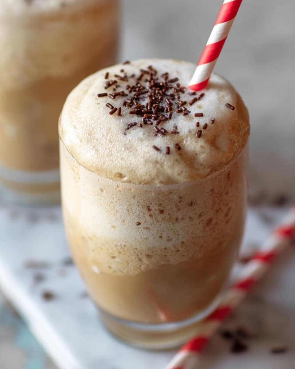 The image shows a clear glass filled with a creamy light brown drink. The drink has a thick layer of frothy foam on top, which is sprinkled with small dark brown chocolate sprinkles. A red and white striped straw is placed into the foam on the right side. In the background, there is another glass with the same drink and foam on a white marbled surface. Photo taken with an iphone --ar 4:5 --v 7