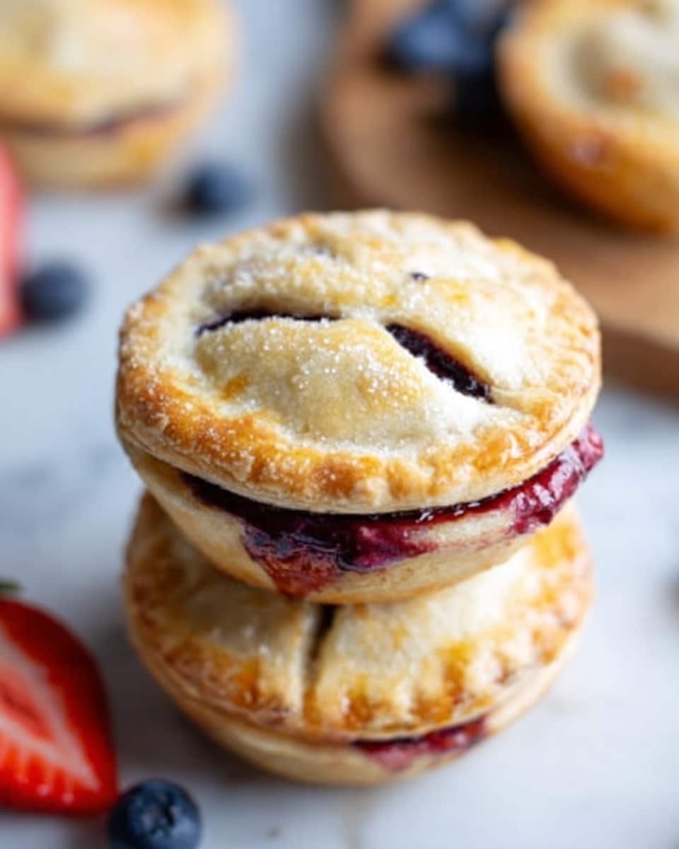 The image shows a close-up of a stack of small round fruit pies with golden brown crusts on a white marbled surface. The top pie has a smooth, slightly shiny crust with sugar crystals, and there are deep purple fruit filling spots showing through three small cuts in the crust. In the background, another pie is visible with a similar golden crust and some blueberries scattered around. To the side, part of a sliced strawberry with red and white colors is seen. A woman's hand is holding the edge of the top pie, and the overall lighting is soft and natural. photo taken with an iphone --ar 4:5 --v 7