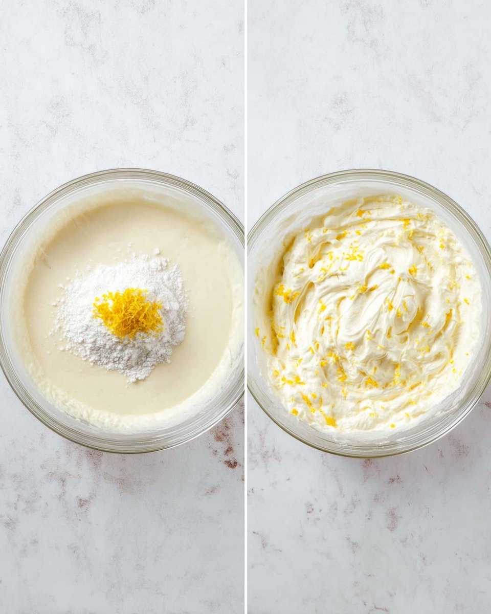 Lemon Whipped Cream Recipe 4 Two images side by side show a clear glass bowl on a white marbled surface. In the left image, the bowl holds a smooth, light creamy mixture with a pile of white powder and some yellow zest on top in the center. In the right image, the same bowl holds the same ingredients now whipped into a fluffy, thick cream with visible swirls and small yellow specks spread throughout the white cream. photo taken with an iphone --ar 4:5 --v 7