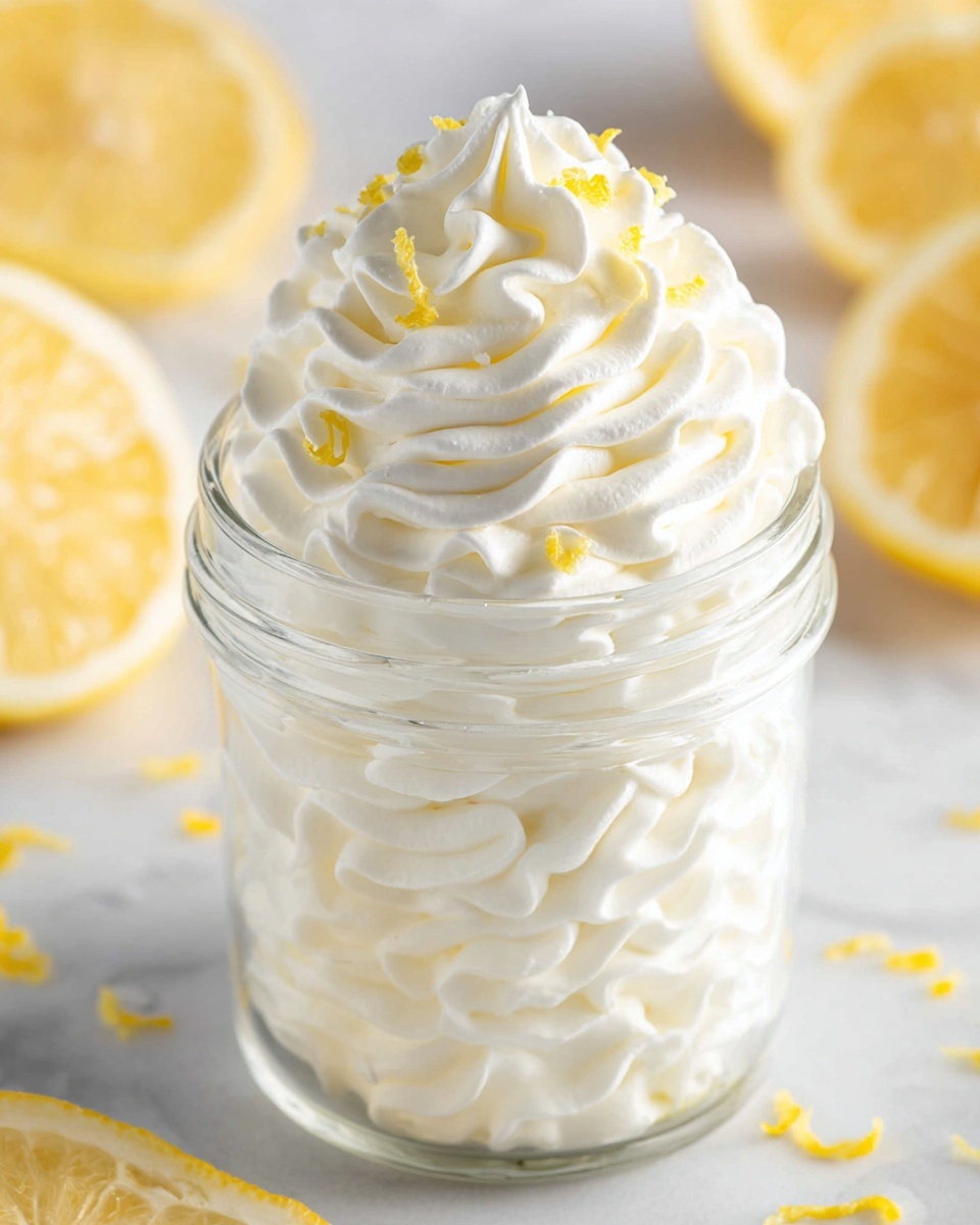 Lemon Whipped Cream Recipe 5 A clear glass jar filled with two main layers of white whipped cream, swirled smoothly and tightly packed inside, topped with a third layer of whipped cream shaped into a soft peak with a light and airy texture, garnished with small yellow lemon zest pieces scattered lightly on top, all placed on a white marbled surface with blurry lemon slices in the background, photo taken with an iphone --ar 4:5 --v 7