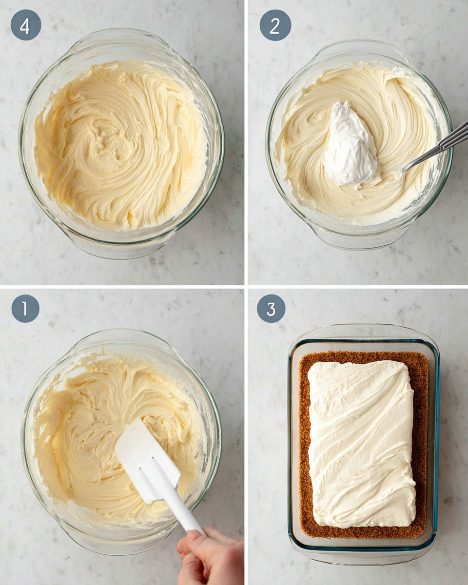 The image shows four steps of making a creamy dessert in clear glass bowls. The first bowl in the top left has smooth, pale yellow whipped mixture with thick swirls. The second bowl in the top right has the same base mixture with a dollop of white cream on top. The third bowl in the bottom left shows the cream fully mixed in, making the mixture thicker and fluffier, with a white spatula resting inside. In the last image on the bottom right, a woman's hand spreads the creamy mixture smoothly over a brown crumb crust in a clear rectangular glass dish. The background is a white marbled texture. Photo taken with an iphone --ar 4:5 --v 7