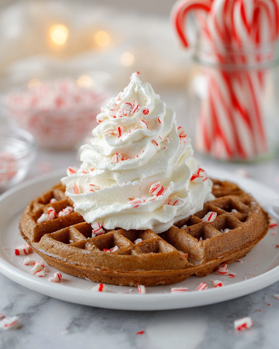 Peppermint Whipped Cream Recipe 5 A golden-brown waffle with a textured surface sits flat on a white plate on a white marbled background. On top of the waffle is a tall swirl of white whipped cream with soft, fluffy texture topped with small red and white peppermint candy pieces scattered around and on the whipped cream. In the background, a glass jar filled with upright red and white striped candy canes and a small glass bowl of crushed peppermint are softly blurred, creating a cozy holiday feel. Photo taken with an iphone --ar 4:5 --v 7