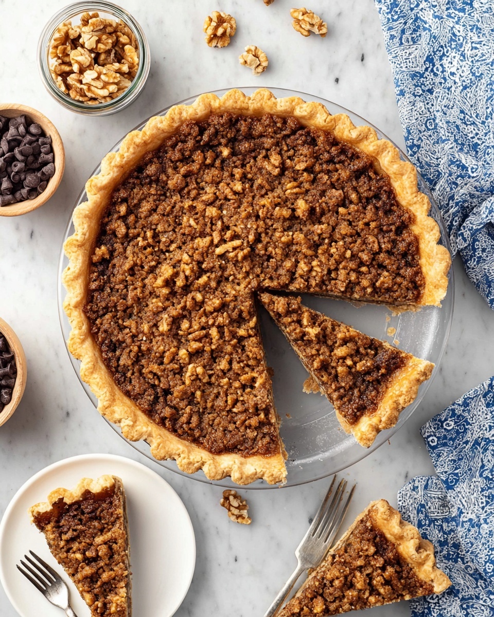 Bourbon Chocolate Walnut Pie Recipe 5 A round pie with golden, crimped edges sits on a clear glass plate on a white marbled surface. The pie is filled with a textured walnut topping, showing uneven bits of nuts baked into a light brown filling. Two slices are cut out and one slice is served on a white plate with a silver fork, revealing the pie’s crunchy top and thick filling. Around the pie, there is a small glass jar filled with whole walnut halves and some scattered walnuts. A blue and white patterned cloth is partially visible to the right, and a small bowl of dark chocolate chips is in the lower left corner. Photo taken with an iphone --ar 4:5 --v 7