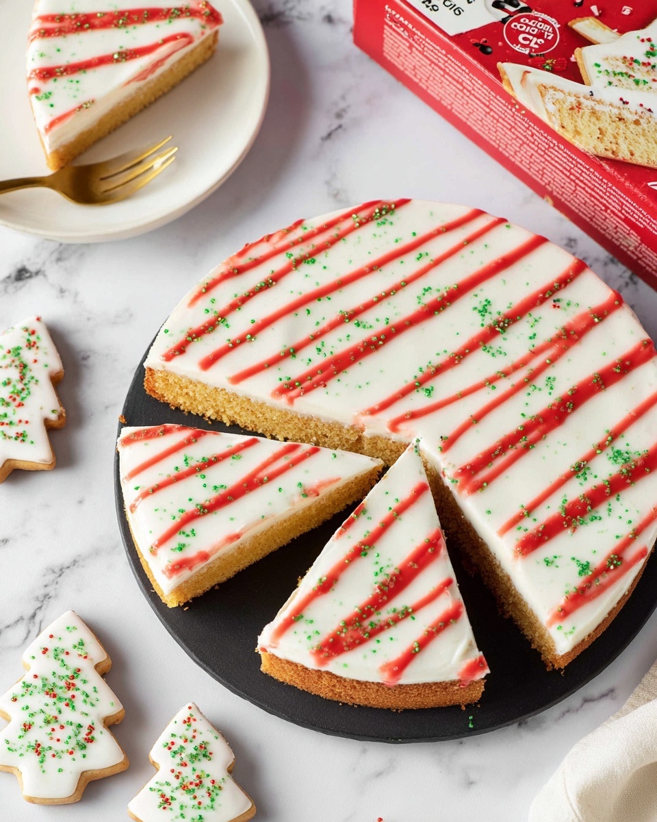 A round cake with six triangular slices, showing a light golden base layer topped with smooth white icing that covers the entire top surface. Bright red icing lines curve diagonally across the white icing, with small green sugar sprinkles scattered evenly. One slice is placed on a white plate to the upper left, accompanied by a gold fork. The cake sits on a black base against a white marbled surface. Several small white Christmas tree-shaped snacks with similar red and green decorations are scattered nearby. A red box of snack cakes with holiday graphics is partially visible in the top right corner. Photo taken with an iphone --ar 4:5 --v 7