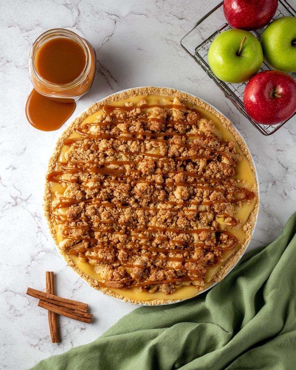 A round apple crumble pie sits centered on a white plate, showing three visual layers: a golden pie crust at the bottom, a smooth light yellow apple filling in the middle, and a top layer of coarse crumbly oat streusel in brown shades, drizzled with streaks of glossy caramel sauce. Above the pie to the left is a small glass jar filled with caramel sauce, with some sauce spilled beside it. On the right, red and green apples rest in a wire basket. Below the pie, a soft green cloth is casually placed, while two cinnamon sticks lie crossed on the white marbled surface. The photo taken with an iphone --ar 4:5 --v 7