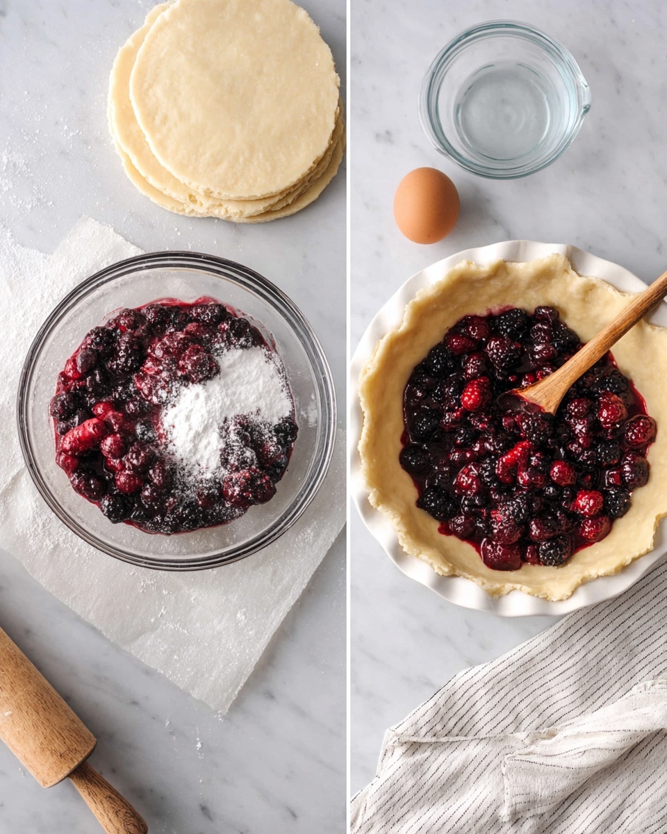 The image shows two side-by-side photos on a white marbled surface. On the left side, there is a clear glass bowl filled with dark red and black berries topped with white sugar and light powder, next to an egg and two stacked dough discs resting on parchment paper. On the right side, the same glass bowl holds mixed berries now coated and slightly wet with sugar, with a wooden spoon stirring inside. Above the bowl is an unbaked dough shell in a white pie dish, along with a measuring cup of water and the same egg on the table. A white cloth with thin black stripes lays partially visible on the lower right. Photo taken with an iphone --ar 4:5 --v 7