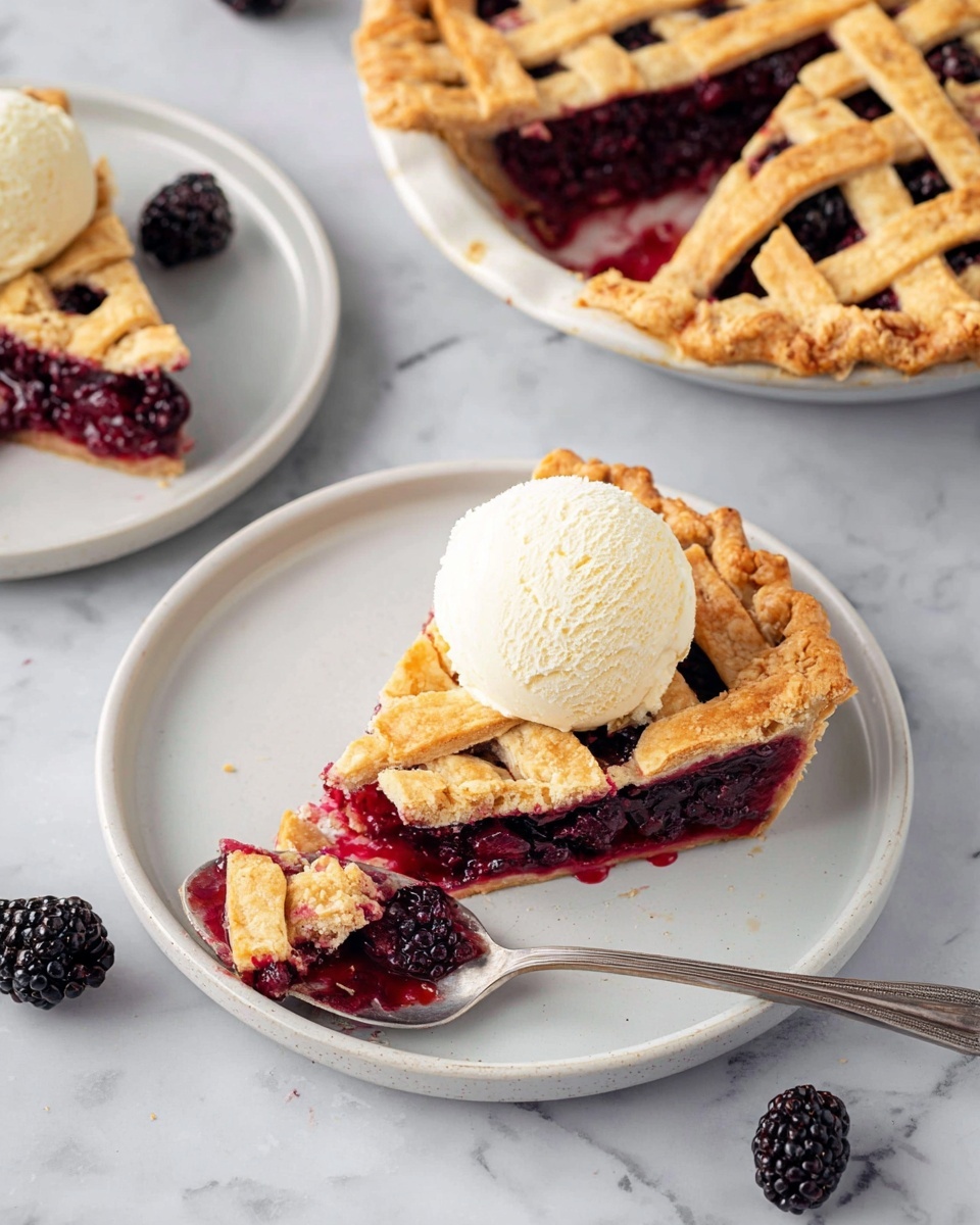 The image shows a slice of blackberry pie on a white plate with a scoop of vanilla ice cream on top. The pie has a golden-brown lattice crust on top, with dark purple-black blackberry filling beneath, visible through the lattice gaps. The slice is thick with the crust forming the base and edges, and the blackberry filling looks juicy and rich. A silver spoon with a small piece of pie is placed on the plate near the slice. In the background, there is a larger pie dish with the remaining blackberry pie, showing a similar golden crust pattern and dark filling inside. A few fresh blackberries are scattered around the plates, all set on a white marbled surface. Photo taken with an iphone --ar 4:5 --v 7