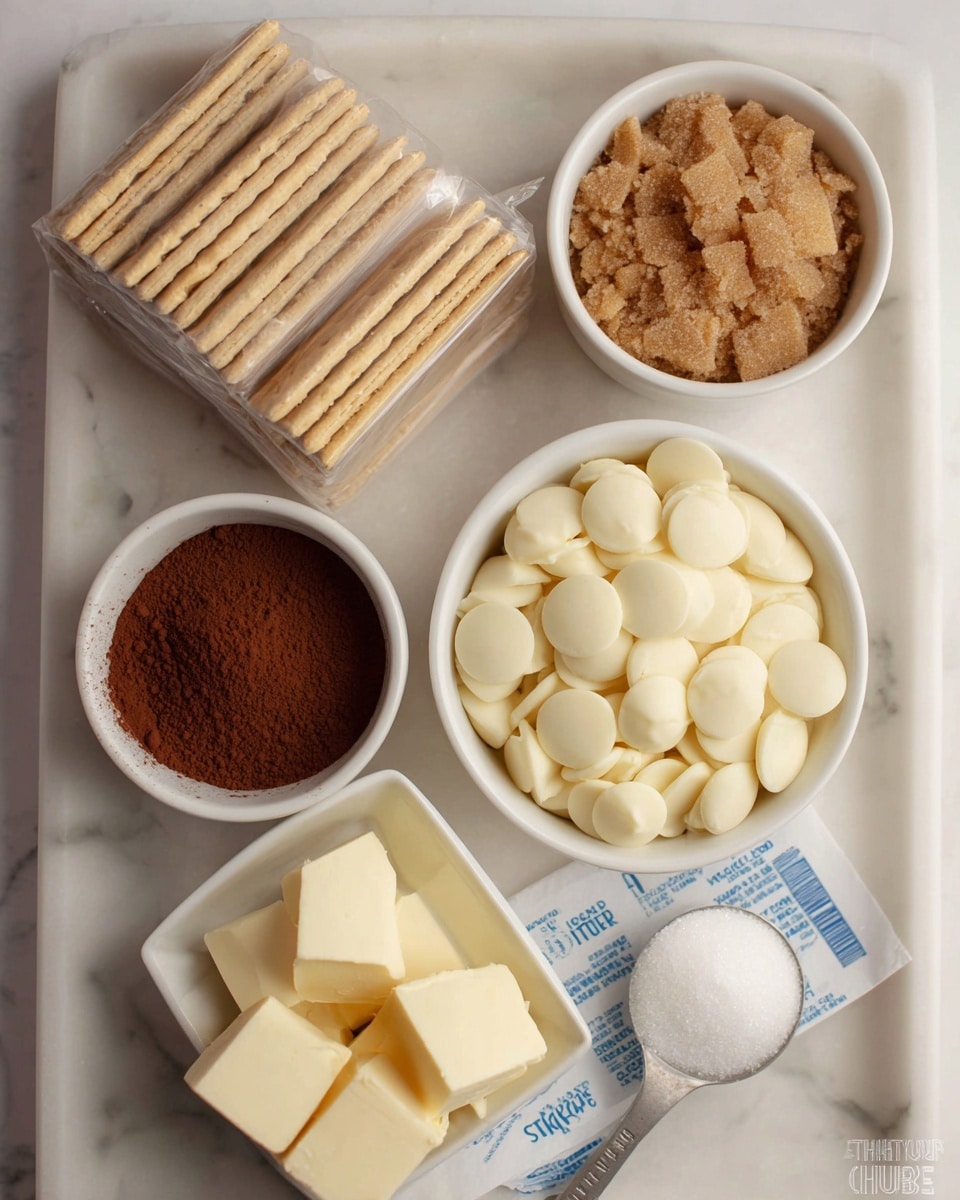 A tray with five main items set on a white marbled surface: on the top left, a stack of rectangular crackers in clear plastic wrap, next to a white bowl filled with rough brown sugar texture in light brown color; below it, a smaller white bowl contains a small pile of dark brown cocoa powder; to the right, a larger white bowl is full of smooth, round, white chocolate disks; below the bowls, there are five uneven cubes of pale yellow butter placed on white butter paper with blue print, and on the bottom right, a silver measuring spoon filled with white granulated sugar. Photo taken with an iphone --ar 4:5 --v 7