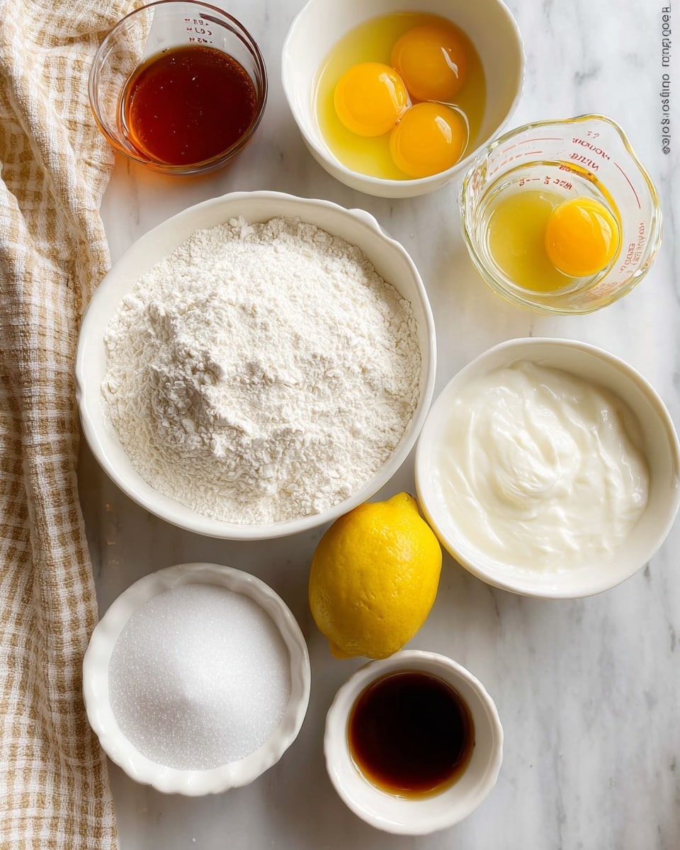 The image shows a top-down view of baking ingredients arranged neatly on a white marbled surface. There is a large white bowl filled with white flour with some texture and small lumps visible, placed in the lower left center. Above it, slightly to the right, sits a small clear glass measuring cup with three cracked egg yolks and whites inside, displaying bright yellow and translucent colors. To the right of the flour bowl is a bright yellow lemon placed whole. Below the lemon is a small white bowl containing dark brown vanilla extract. To the upper right corner is a medium white bowl filled with thick white yogurt with a slightly uneven surface. In the lower left corner, there is another white bowl filled with granulated white sugar, showing a fine grain texture. Behind the sugar bowl is a transparent glass cup with amber-colored liquid, likely maple syrup. A beige and white checkered towel is partly visible on the left side of the image. The lighting is soft and natural, enhancing the colors and textures of the ingredients. Photo taken with an iphone --ar 4:5 --v 7