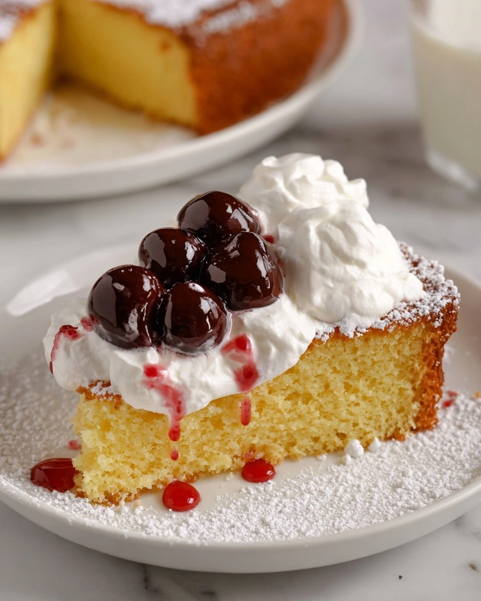 A single slice of golden yellow cake with a slightly browned crust sits on a white plate dusted with powdered sugar. On top of the slice, there is a layer of smooth white whipped cream, generously dolloped and softly textured. On one side of the whipped cream, there are several shiny dark chocolate-covered cherries clustered closely together. Red syrup is drizzled over the whipped cream, creating thin streaks that add a splash of bright color. In the background, a larger piece of the same cake is partially visible on a white marbled surface. Photo taken with an iphone --ar 4:5 --v 7