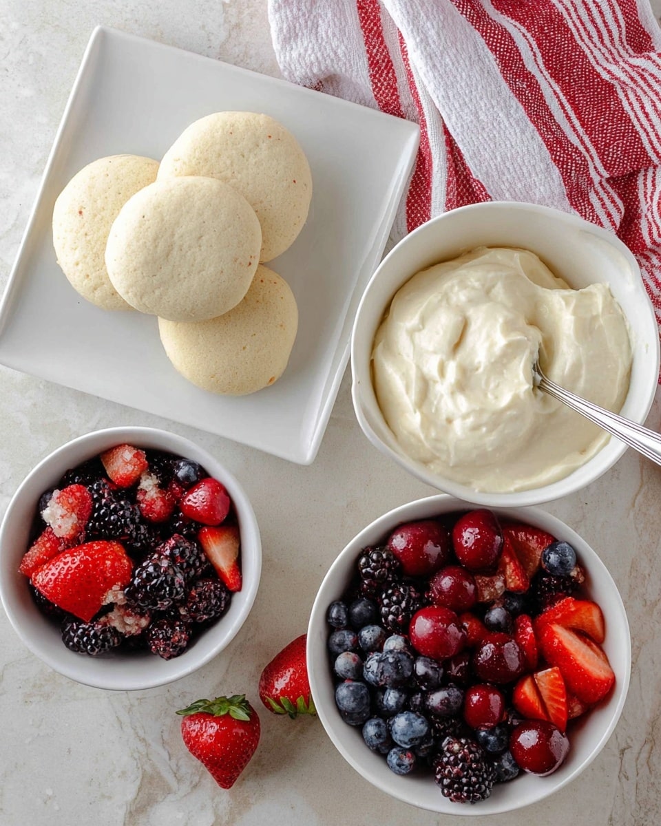 The image shows three white dishes on a white marbled surface. One square white plate holds six soft, round, light beige cookies stacked slightly overlapping. Next to it, a round white bowl with creamy white frosting inside has a silver knife dipped in it. Below, another round white bowl is filled with a colorful mix of fresh berries, including red strawberries cut into pieces, whole blackberries, blueberries, and halved red cherries. A red and white striped cloth is partially visible in the top right corner. Photo taken with an iphone --ar 4:5 --v 7