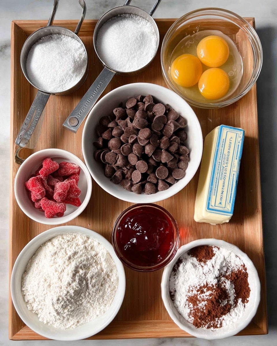 Several baking ingredients are arranged on a light wooden tray with a white marbled texture visible beneath. There is a white bowl filled with smooth, dark brown chocolate chips at the center. To the right, a small clear glass bowl holds a shiny deep red jam. Next to it, a stick of butter with blue and white wrapping lies horizontally. Above these, a clear glass measuring cup contains two whole raw eggs with bright yellow yolks in clear egg whites. On the top left, a metal measuring cup holds white granulated sugar, and beside it, another smaller metal cup contains bright red dried strawberry slices. Below the chocolate chips, two metal measuring spoons hold white powdered sugar and white flour. To the right, a white bowl contains a mix of brown cocoa powder and a small pile of white baking powder. photo taken with an iphone --ar 4:5 --v 7